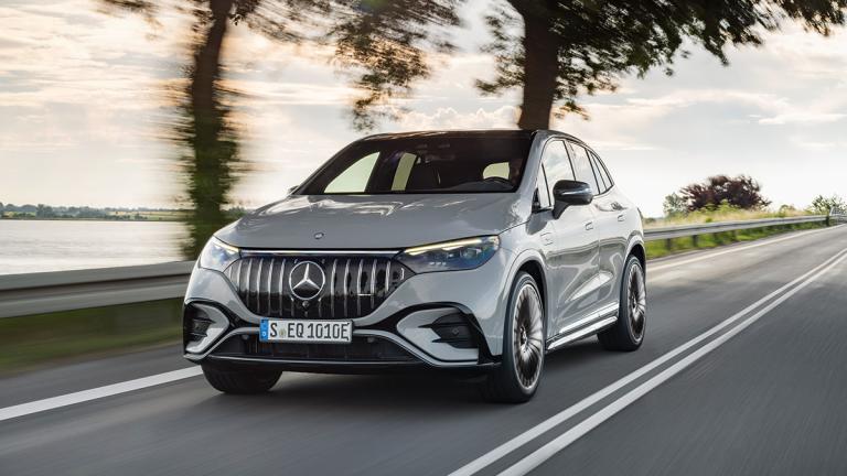 2024 Mercedes EQ EQE SUV driving on the road.